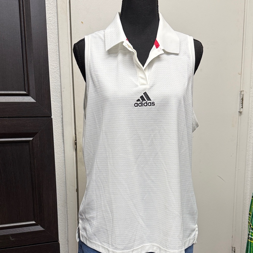 adidas White Sleeveless Polo Tennis Tank with Black Logo